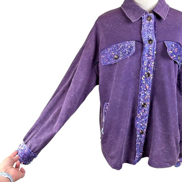 White Birch Purple Mineral Wash Velvet Trim Sequis Button Up Relaxed Shacket - Picture 9 of 16
